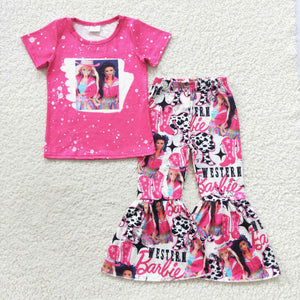 Cartoon Dolls Boots Hot Pink Girls Short Sleeve+Trousers Sets