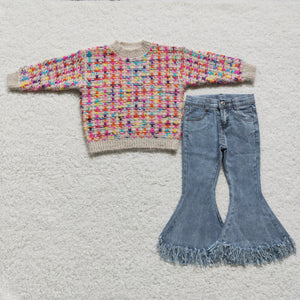 Colorful Sweater Denim Girls Long Sleeve+Trousers Sets