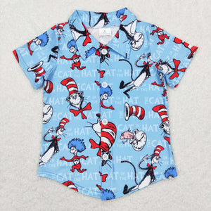 Cartoon Cats Letters Hat Blue Boys Short Sleeve Top