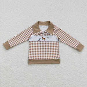 Dog Elk Deer Duck Khaki Plaid Polo Boys Long Sleeve Top