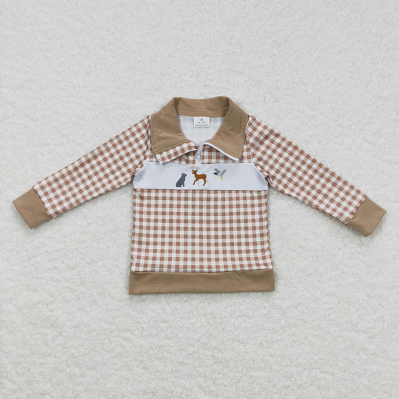 Dog Elk Deer Duck Khaki Plaid Polo Boys Long Sleeve Top