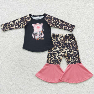 Promotional Wild Child Pig Leoaprd Print Girls Long Sleeve+Trousers Sets