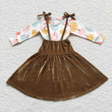 Pumpkin White Top Brown Velvet Suspenders Skirts Girls Overalls Sets