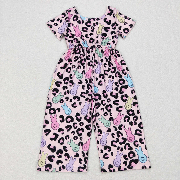 Bunny Leopard Print Pink Girls Easter Jumpsuit