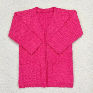 Solid Hot Pink Pockets Girls Cardigan Sweaters