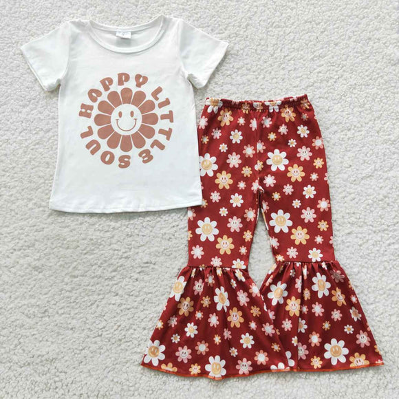 Happy Little Soul Smile Floral Girls Short Sleeve+Trousers Sets