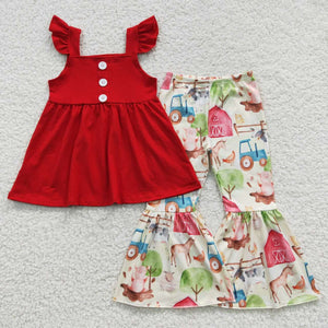 Solid Red Farm Animals Pig Girls Short Sleeve+Trousers Sets