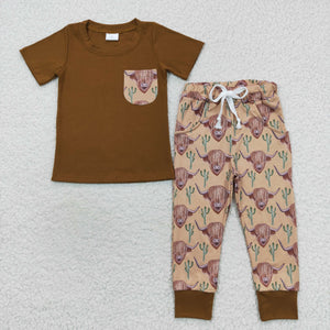 Highland Cow Cactus Polo Brown Boys Short Sleeve+Trousers Sets