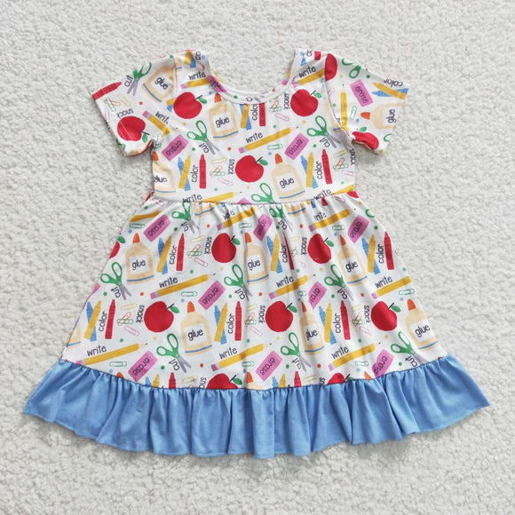 Apple Glue Pencil Sky Blue Girls Back to School Dress