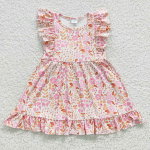 Pink Floral Beige Girls Flutter Sleeve Dress