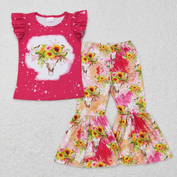 Highland Cow Sunflower Hot Pink Girls Short Sleeve+Trousers Sets