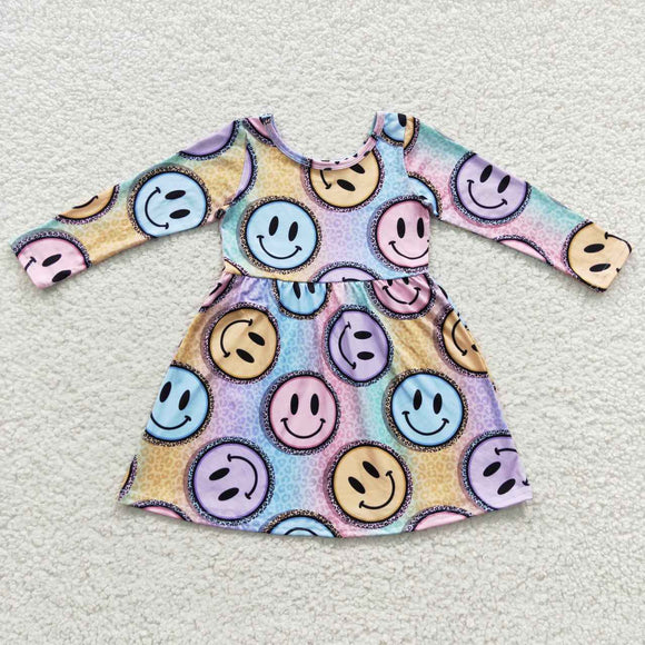 Promotional Colorful Leopard Print Smile Girls Long Sleeve Dress