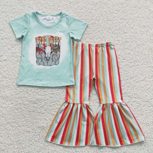 Wild West Cactus Cow Stripe Girls Short Sleeve+Trousers Sets