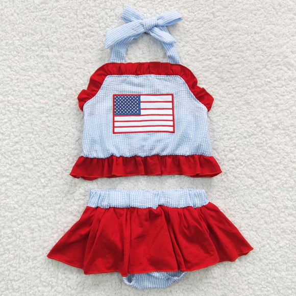 Flag Red Ruffles Girls 4th of July Swimsuits