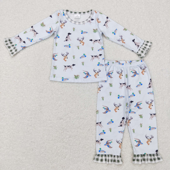 Duck Dog Deer Sky Blue Girls Long Sleeve Pajamas