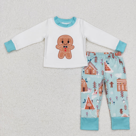 Gingerbread Blue White Boys Christmas Pajamas