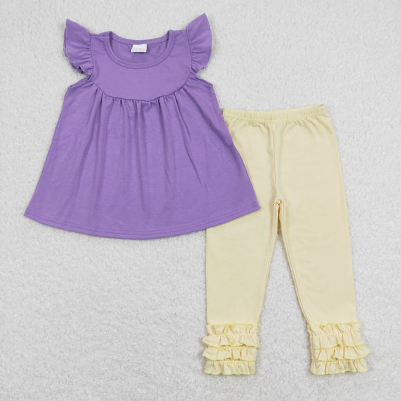 Solid Purple Yellow Girls Short Sleeve+Trousers Sets