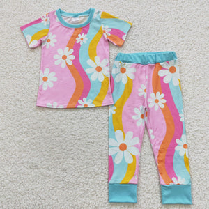 Floral Pink Stripe Girls Short Sleeve Pajamas