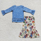 Cartoon Plaid Blue Ruffles Girls Long Sleeve+Trousers Sets