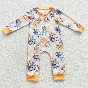 Cartoon Dogs Floral Orange Girls Fall Romper