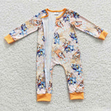 Cartoon Dogs Floral Orange Girls Fall Romper