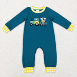 Truck Cow Yellow Plaid Blue Boys Fall Romper