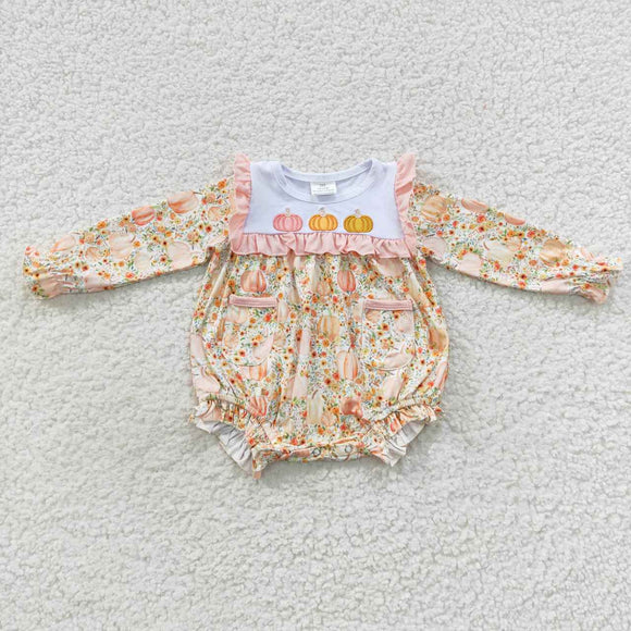 Three Pumpkins Pockets Girls Fall Romper