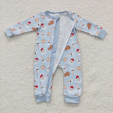 Santa Milk Cookie Sky Blue Zipper Boys Christmas Romper