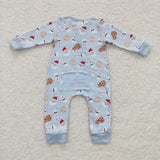 Santa Milk Cookie Sky Blue Zipper Boys Christmas Romper