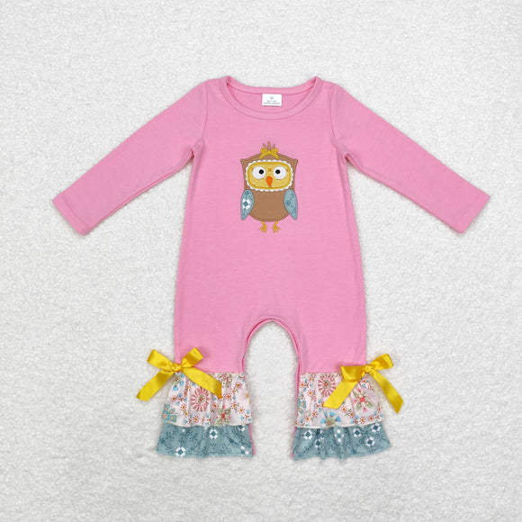 Owl Embroidery Floral Pink Girls Fall Romper