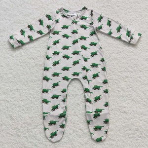 Green Tractor Off-White Boys Fall Romper