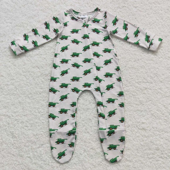 Green Tractor Off-White Boys Fall Romper