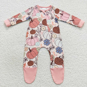 Cactus Floral Pumpkin Pink Girls Fall Romper