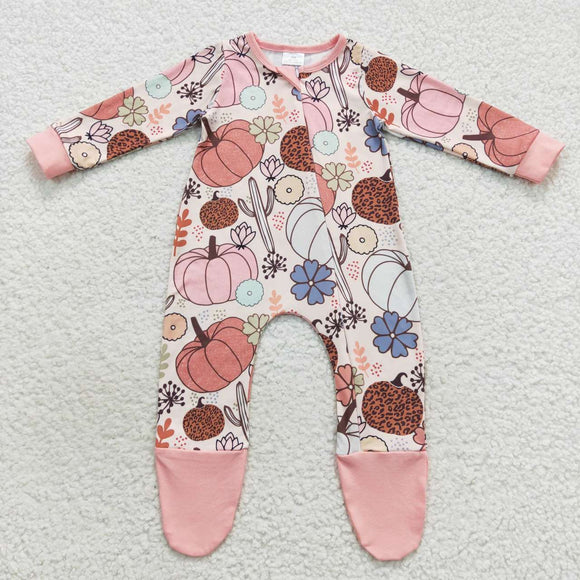 Cactus Floral Pumpkin Pink Girls Fall Romper