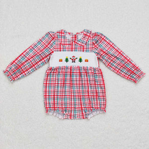 Gift Tree Santa Smocked Plaid Girls Christmas Romper