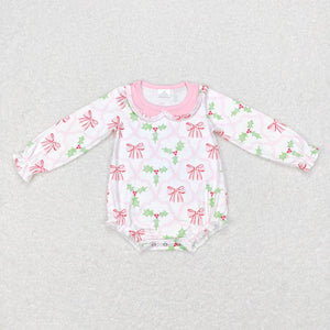 Bows Pink Collar White Girls Christmas Romper