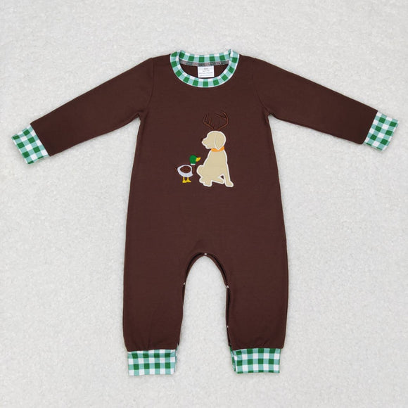 Duck Dog Plaid Brown Boys Fall Romper