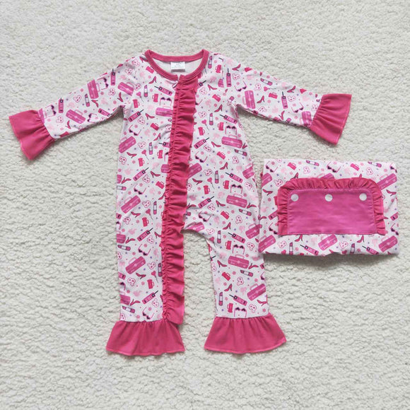 Cartoon Dolls Hot Pink Ruffles Girls Fall Romper