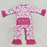 Cartoon Dolls Hot Pink Ruffles Girls Fall Romper