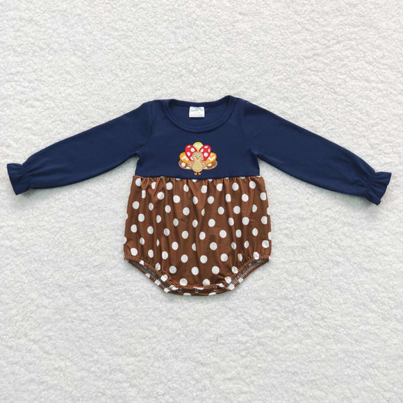 Polka Dots Turkey Navy Girls Thanksgiving Romper