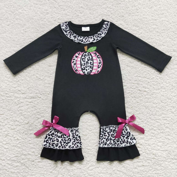 Leopard Print Pumpkin Black Girls Fall Romper