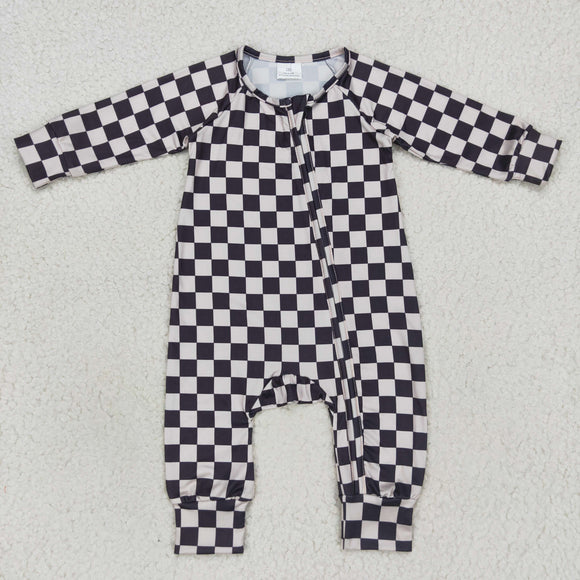 Brown Beige Plaid Boys Fall Romper