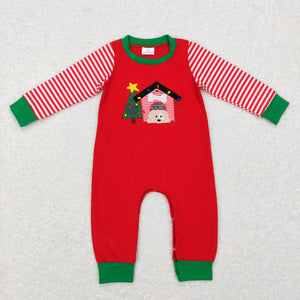 Tree Dog Stripe Red Boys Christmas Romper