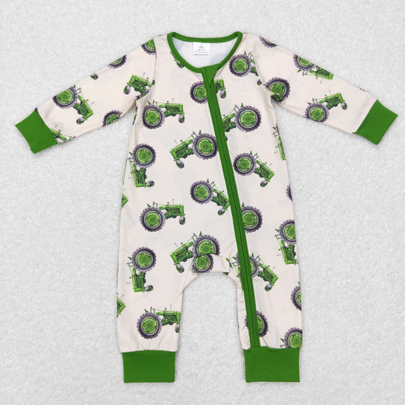 Tractor Beige Green Boys Fall Romper