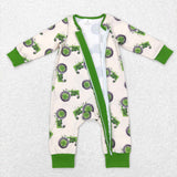 Tractor Beige Green Boys Fall Romper