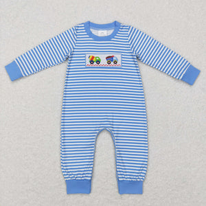 Construction Truck Blue Stripe Boys Fall Romper