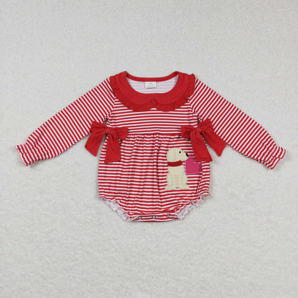 Dog Heart Red Ruffles Bows Stripe Girls Valentine Romper