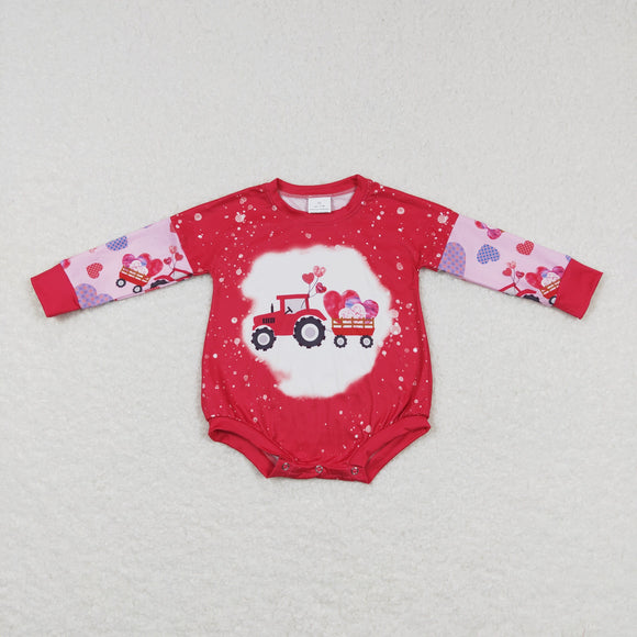 Heart Balloon Tractor Red Pink Girls Valentines Romper