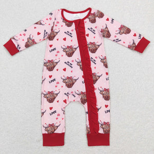 Highland Cow Red Ruffles Pink Girls Valentines Romper