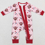 Highland Cow Red Ruffles Pink Girls Valentines Romper